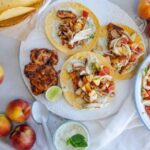 Soft-Shell Tacos with Harissa Chicken, Stone Fruit Salsa and Creamy Feta